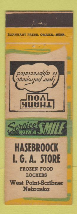 Matchbook Cover - Hasebroock IGA Grocery Store West Point Scribner NE