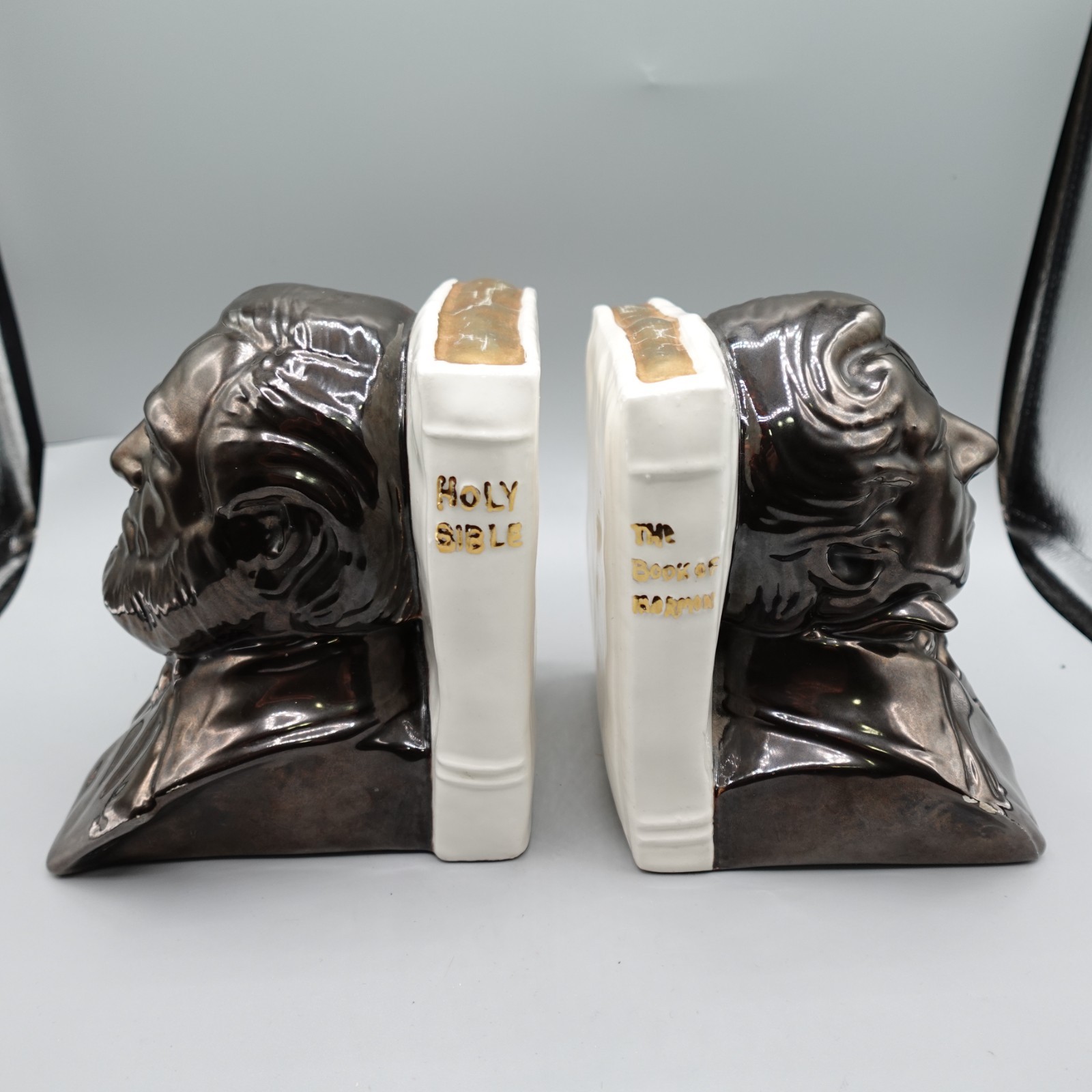 Vintage Joseph Smith Bookends Brigham Young bible Ceramic gold copper tone Vintage Joseph Smith Bookends Brigham Young bible Ceramic gold copper tone