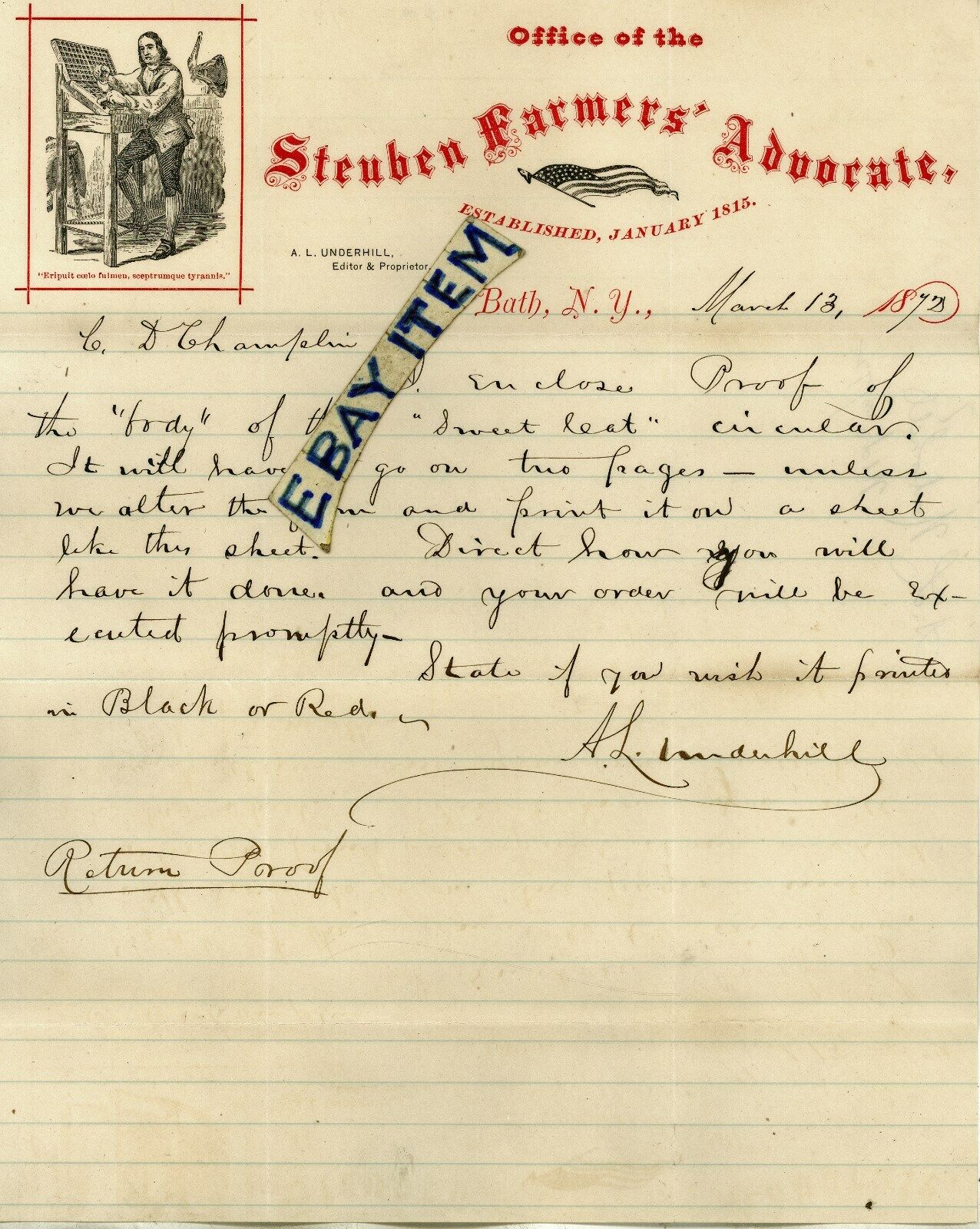 1872 BATH, N.Y. STEUBEN FARMERS ADVOCATE letterhead Anthony. L. UNDERHILL Editor