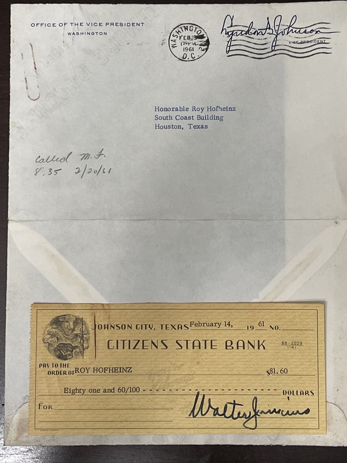 1961 Lyndon Johnson Signed Envelope with letter and check to Judge Roy Hofheinz