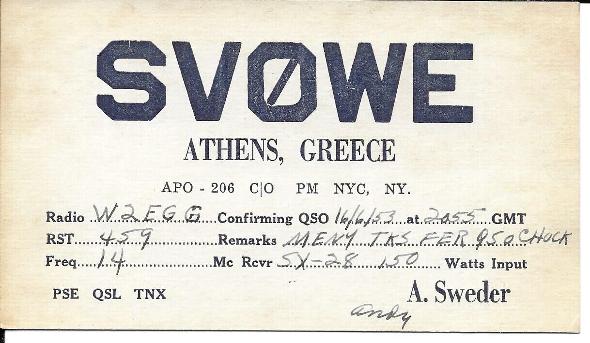 QSL 1953 Athens Greece radio card