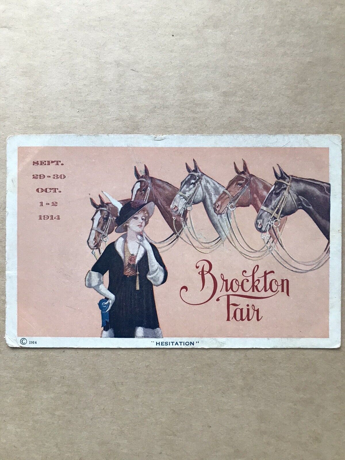 Brockton Fair Massachusetts Ad Horses Pretty Lady Antique Postcard 1914