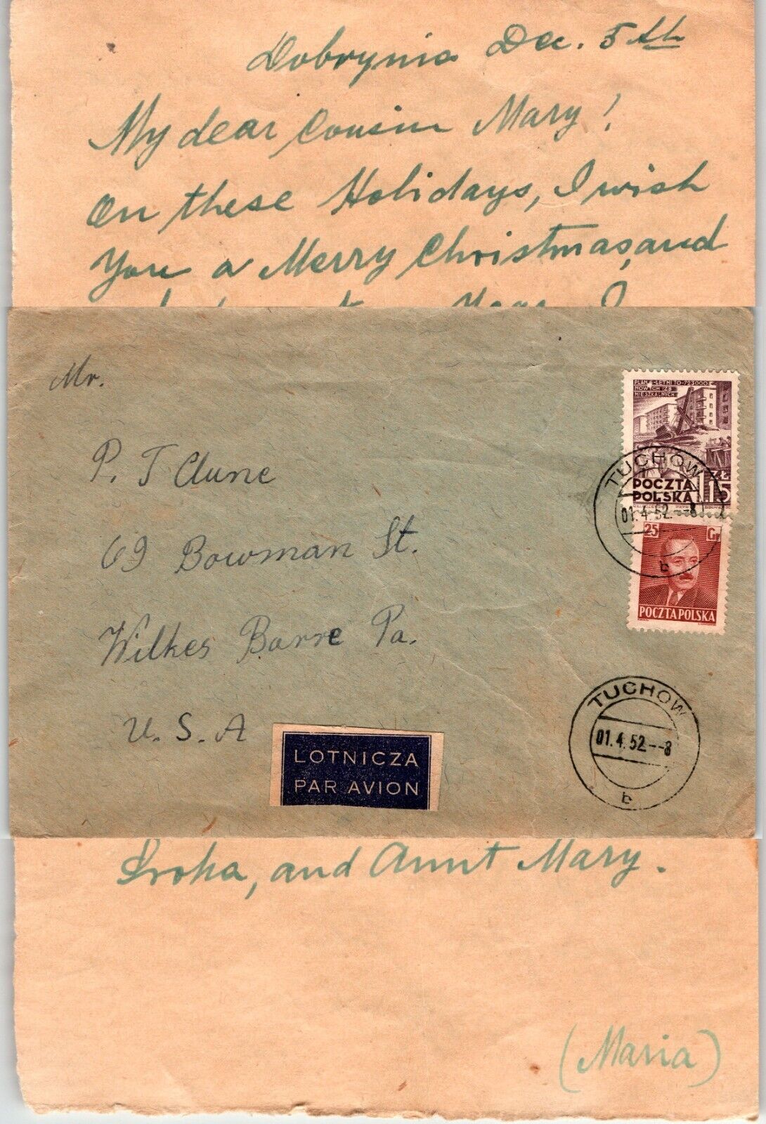 1952  Correspondence Letter Postal History Poland to Wilkes-Barre Pennsylvania