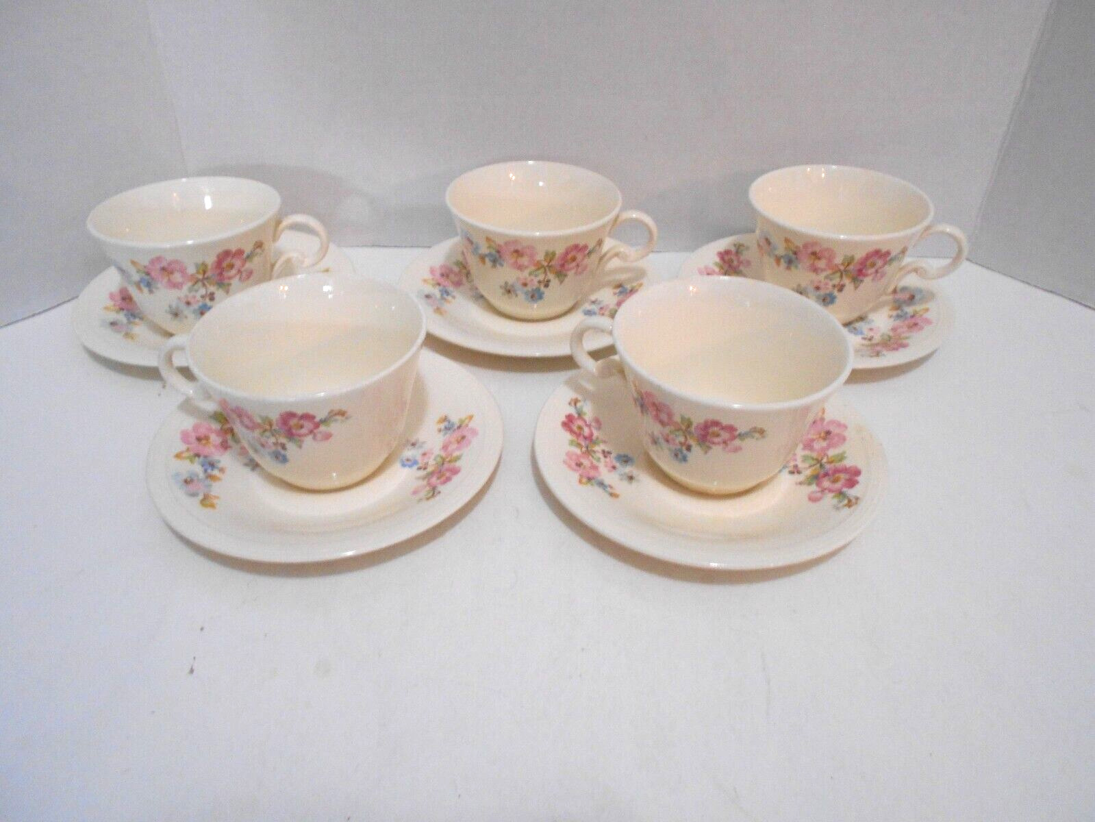 Edwin Knowles Semi Vitreous Pink & Blue Flowers Set of 5 cups and saucers