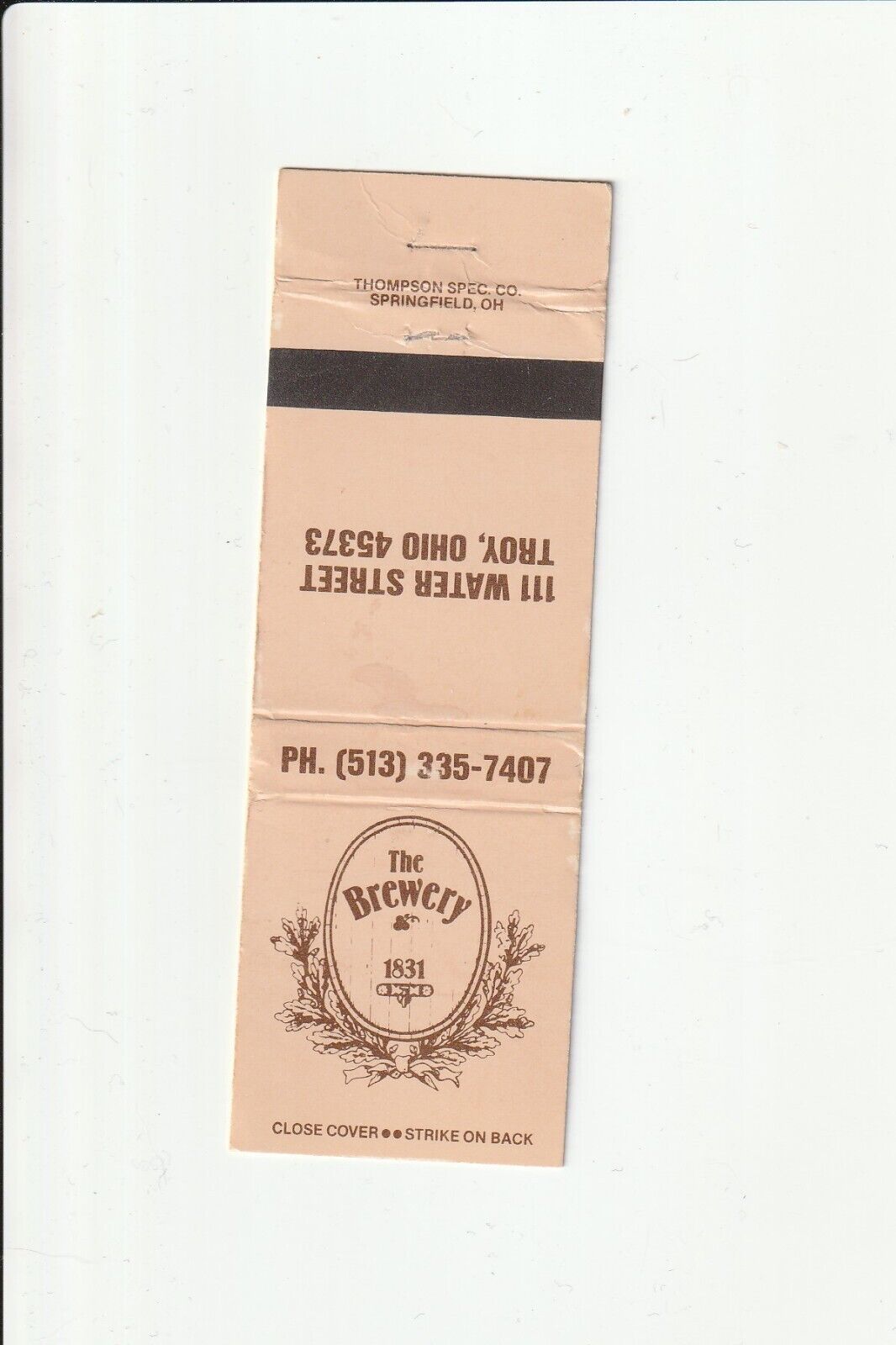 THE BREWERY 111 WATER STREET TROY OHIO VINTAGE MATCHBOOK COVER