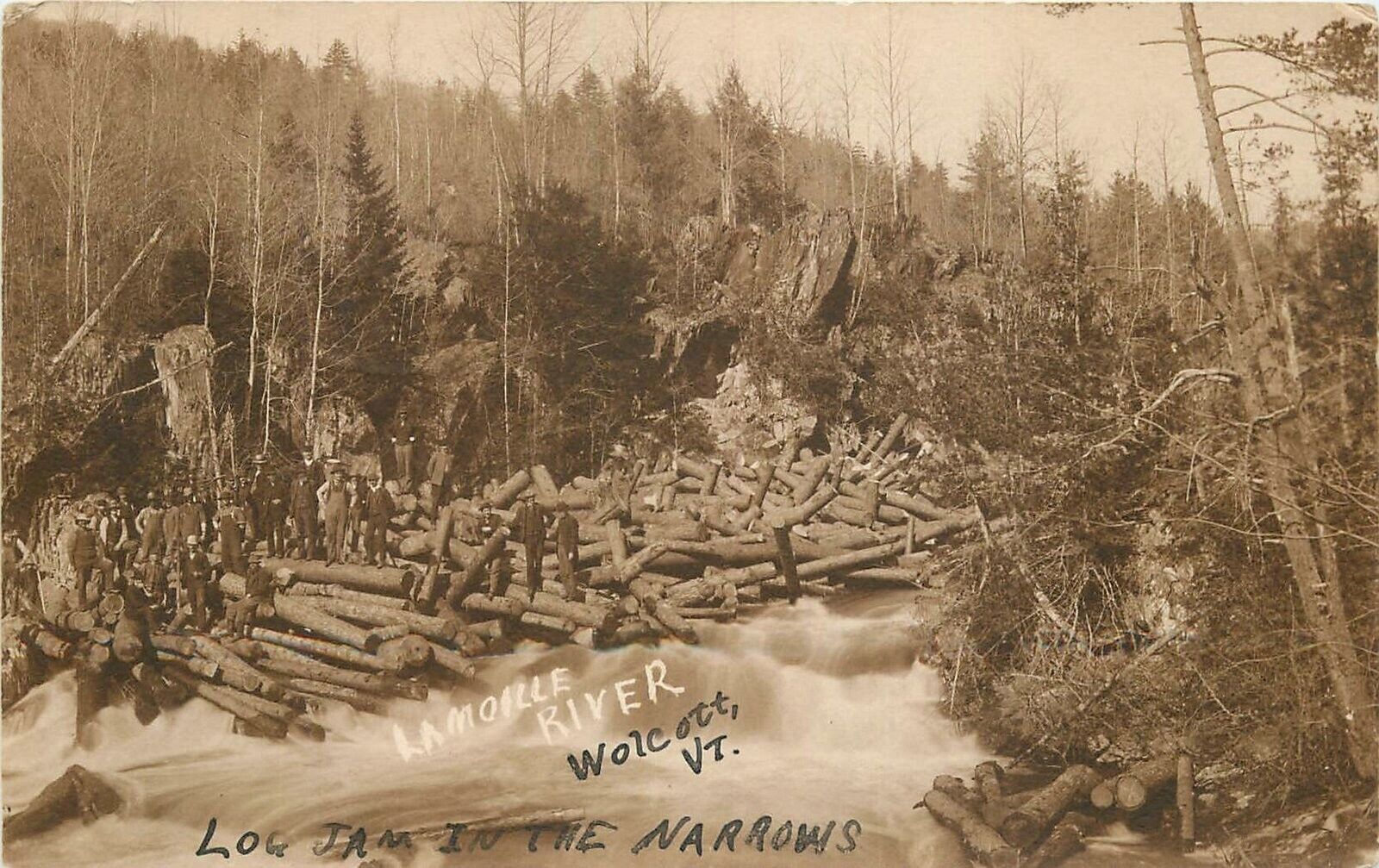Postcard RPPC Vermont Wolcott Log Jam in Narrows Lamoille River 23-1288