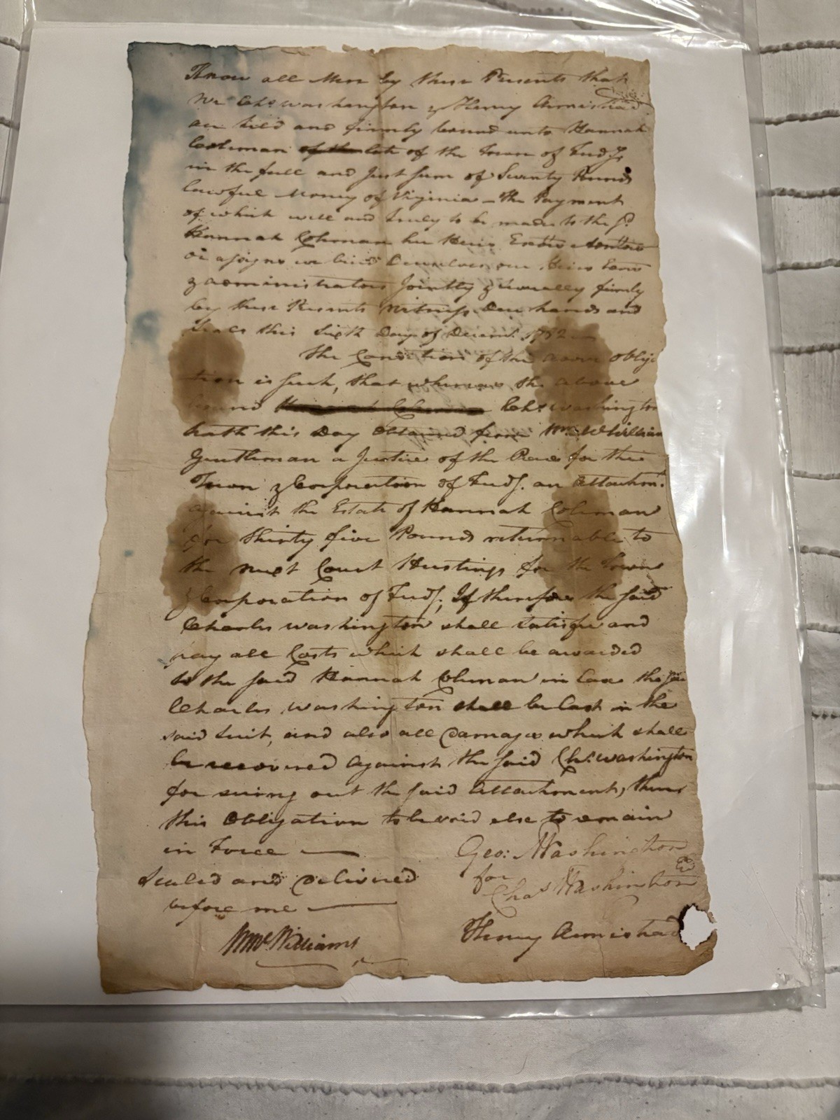1782 Charles Washington & Hannah Coleman VA Attachment Bond Document 1782 Charles Washington & Hannah Coleman VA Attachment Bond Document