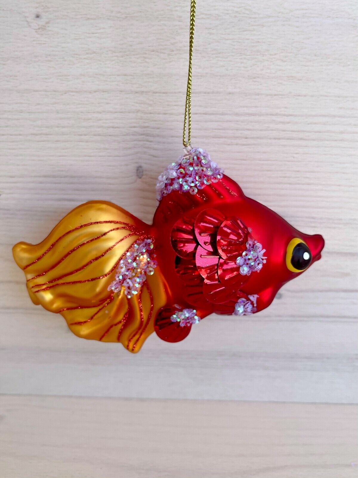 Robert Stanley Red Sequin Fish Ornament Blown Glass Ornament Beach Ocean NWT 