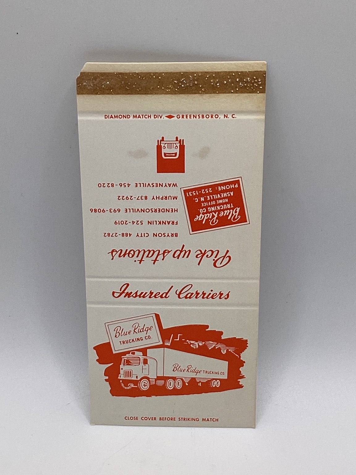 Vintage Blue Ridge Trucking Co. Matchbook Greensboro NC Map Ad Vintage Blue Ridge Trucking Co. Matchbook Greensboro NC Map Ad