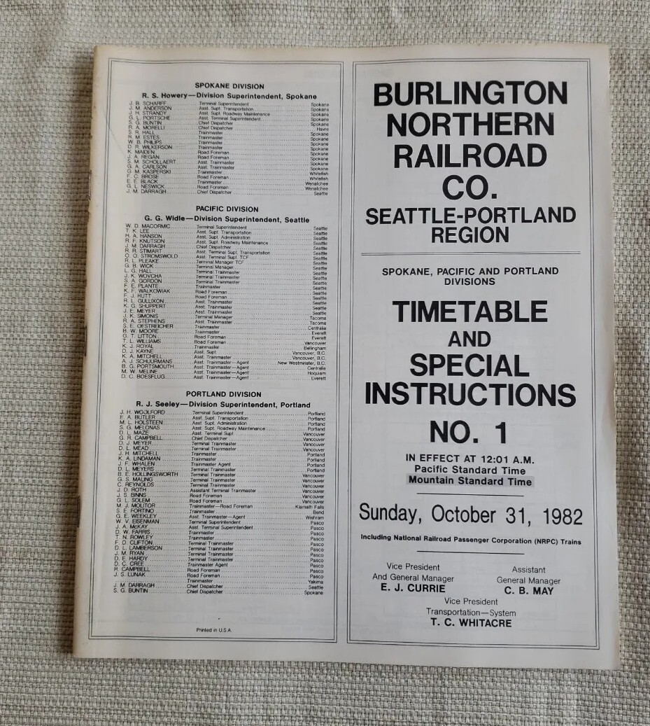 Burlington Northern Timetable October 31 1982 Vintage Burlington Northern Timetable October 31 1982 Vintage