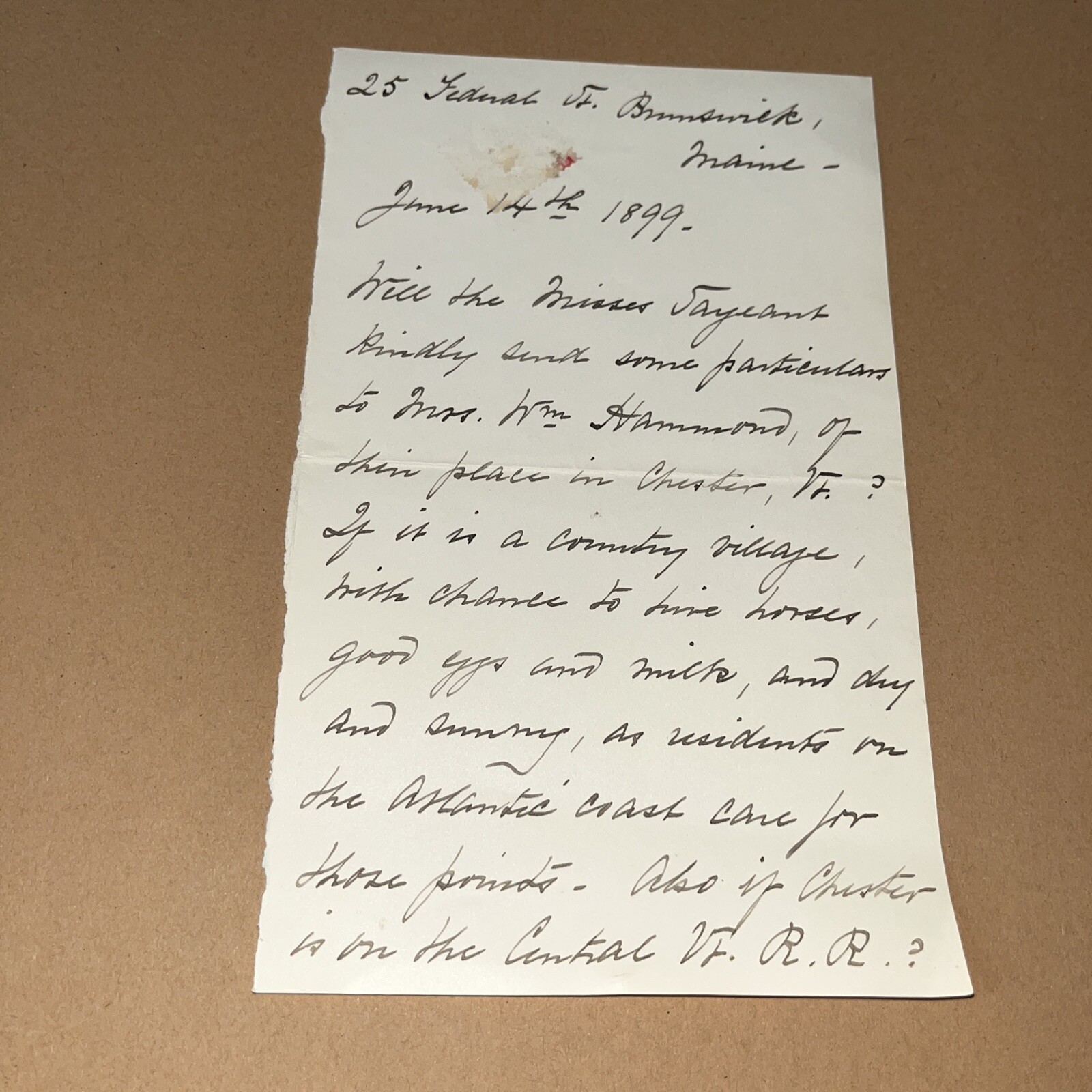 Brunswick ME Letter to Chester Vermont on Accommodations & Central VT Railroad Brunswick ME Letter to Chester Vermont on Accommodations & Central VT Railroad