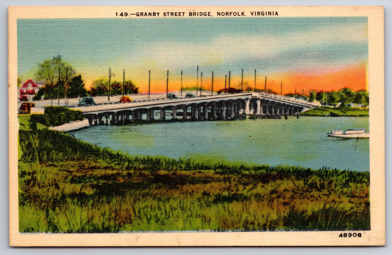 Norfolk Virginia~Granby Street Bridge~Hi John & Barb~1930s Linen Postcard