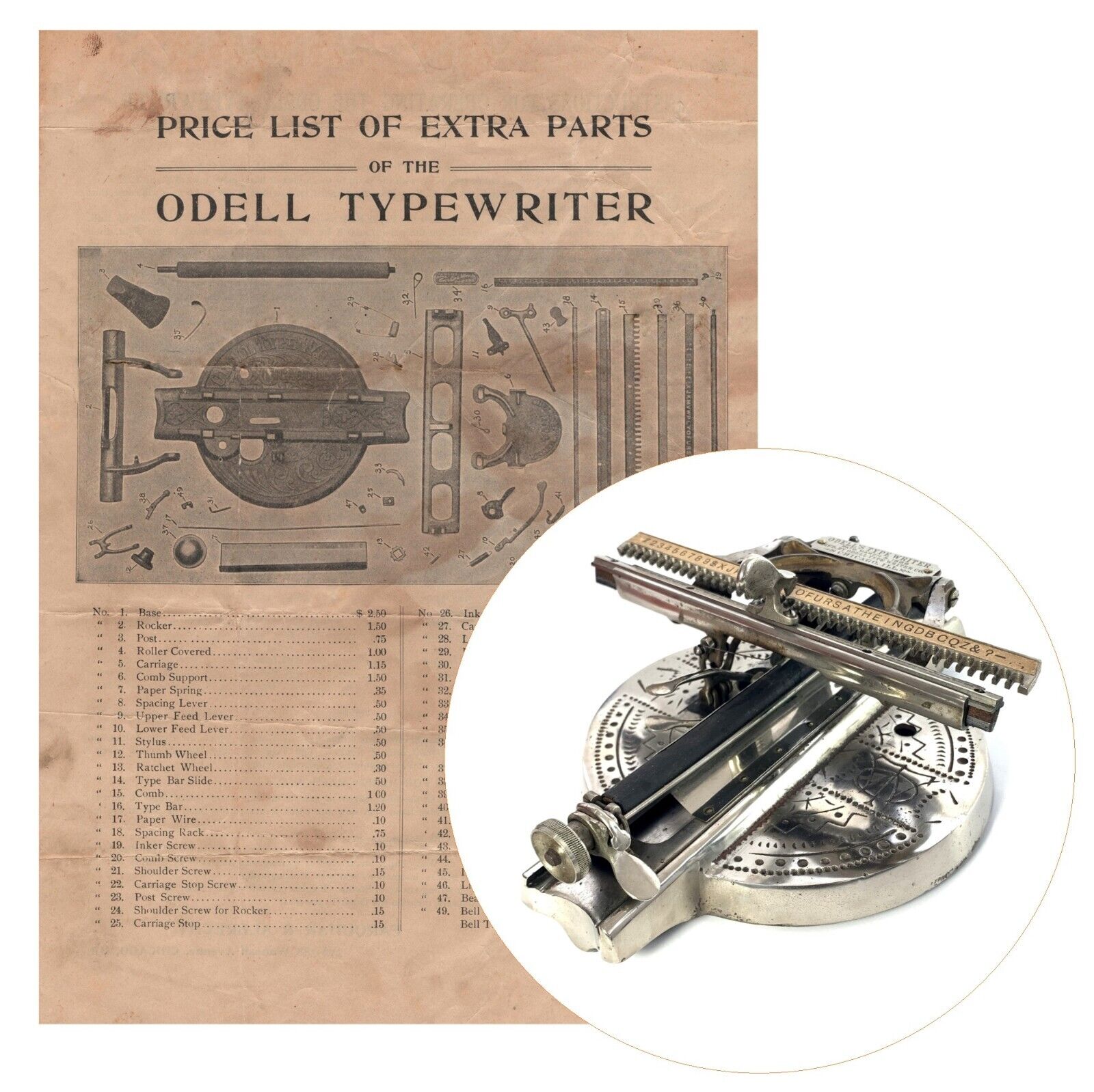 Odell No.1 Typewriter Instruction Manual / Card User Repro Antique Index Guide