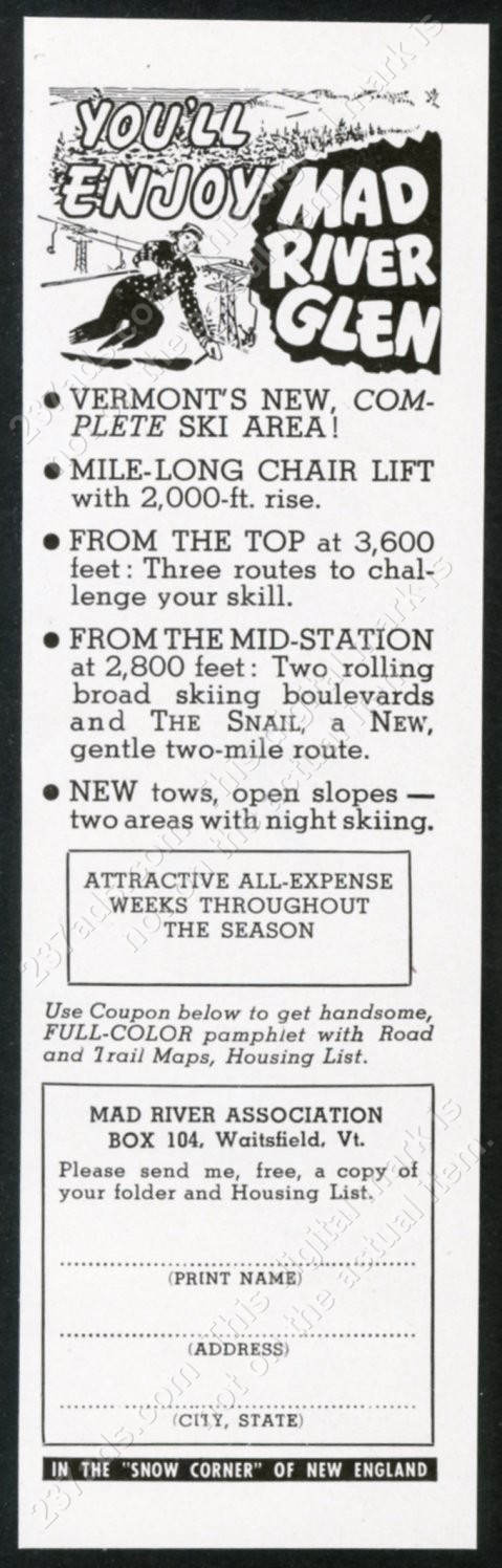 1950 Mad River Glen ski area Fayston Vermont vintage print ad 1950 Mad River Glen ski area Fayston Vermont vintage print ad