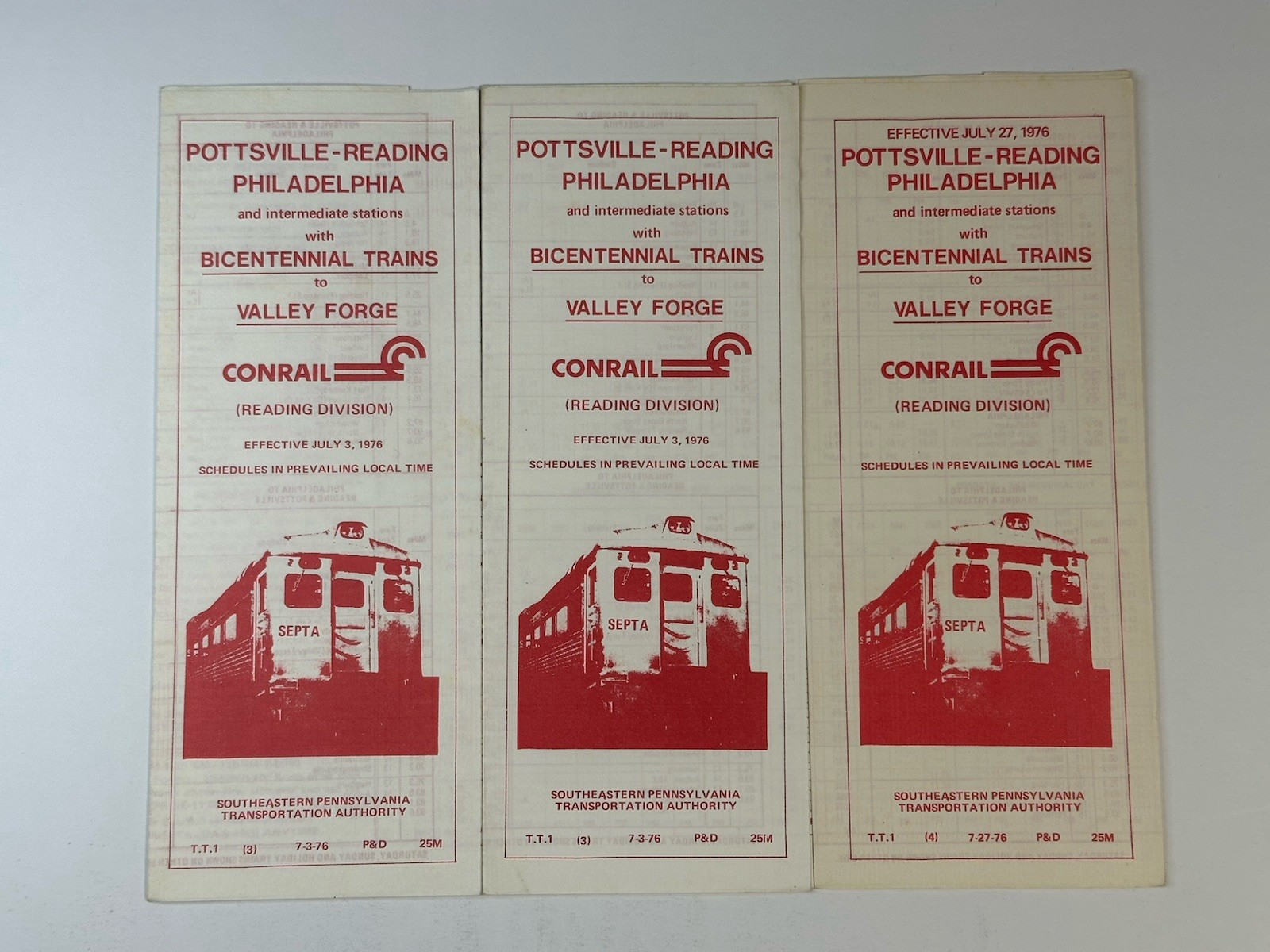 Lot 3 1976 Conrail Reading Timetables T.T.1 Pottsville Bicentennial Valley Forge Lot 3 1976 Conrail Reading Timetables T.T.1 Pottsville Bicentennial Valley Forge