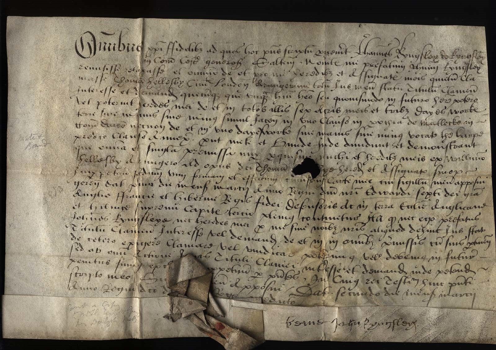 1549 EDWARD VI Document John Kingsley of Kingsley to Thomas Helsby, land MATLOCK
