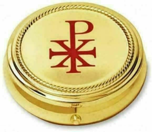 Chi Rho Hospital Pyx with Gold Toned Finish 20 Hosts, 3 1/8 Inch
