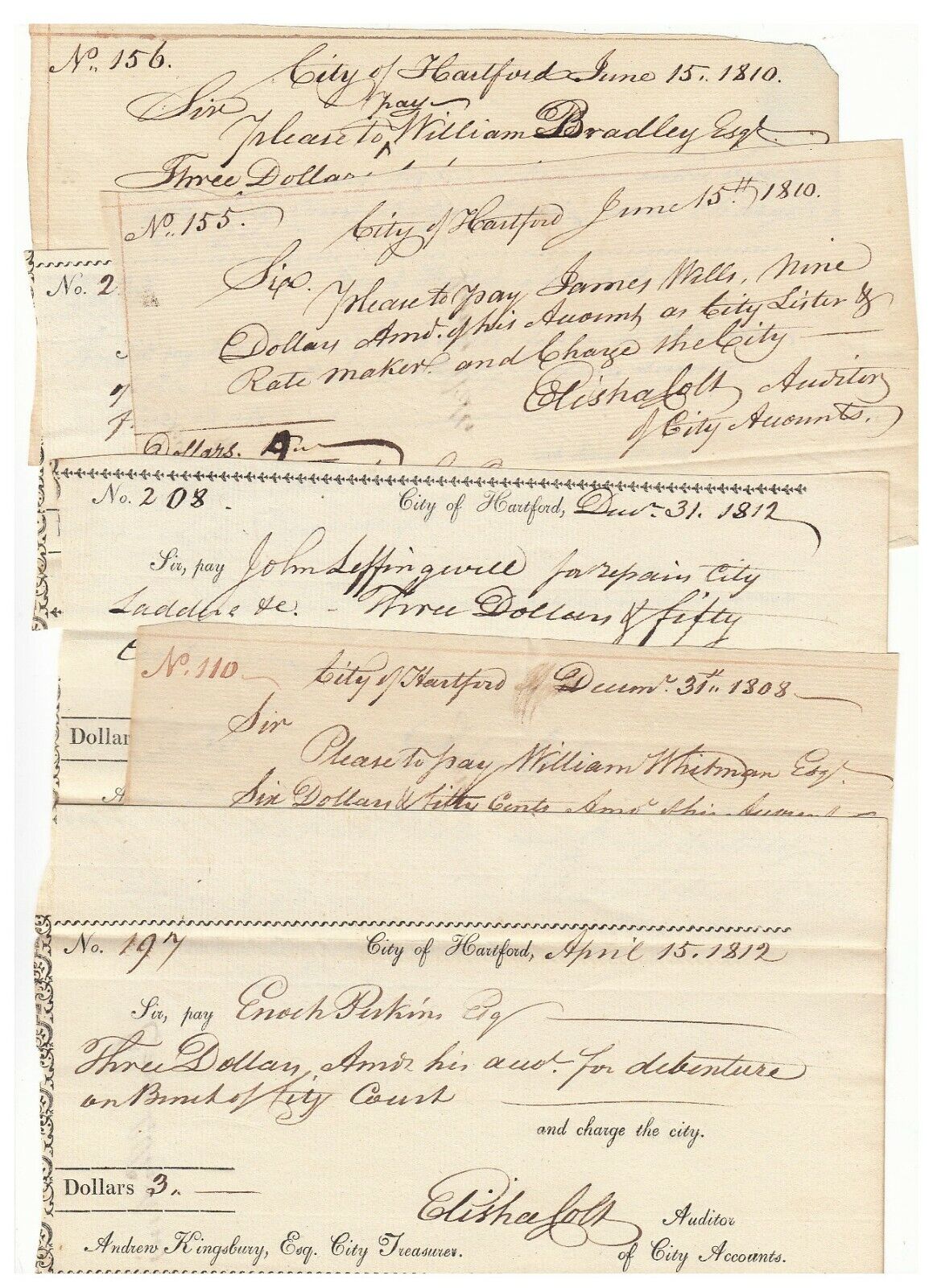 City Hartford Connecticut 1808-13 Auditor Pay Documents, Lot (6) all different