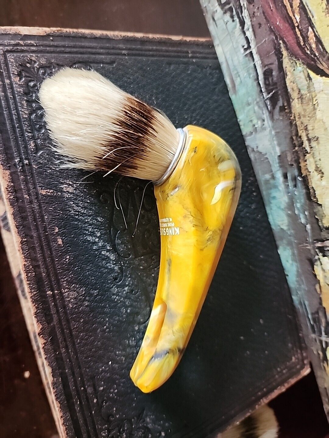Kingsley Pure Bristle Shaving Brush West Germany Yellow Swirl Bakelite