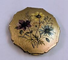 Vintage Stratton England Gold Tone Powder Mirror Compact Enamel Floral Design picture