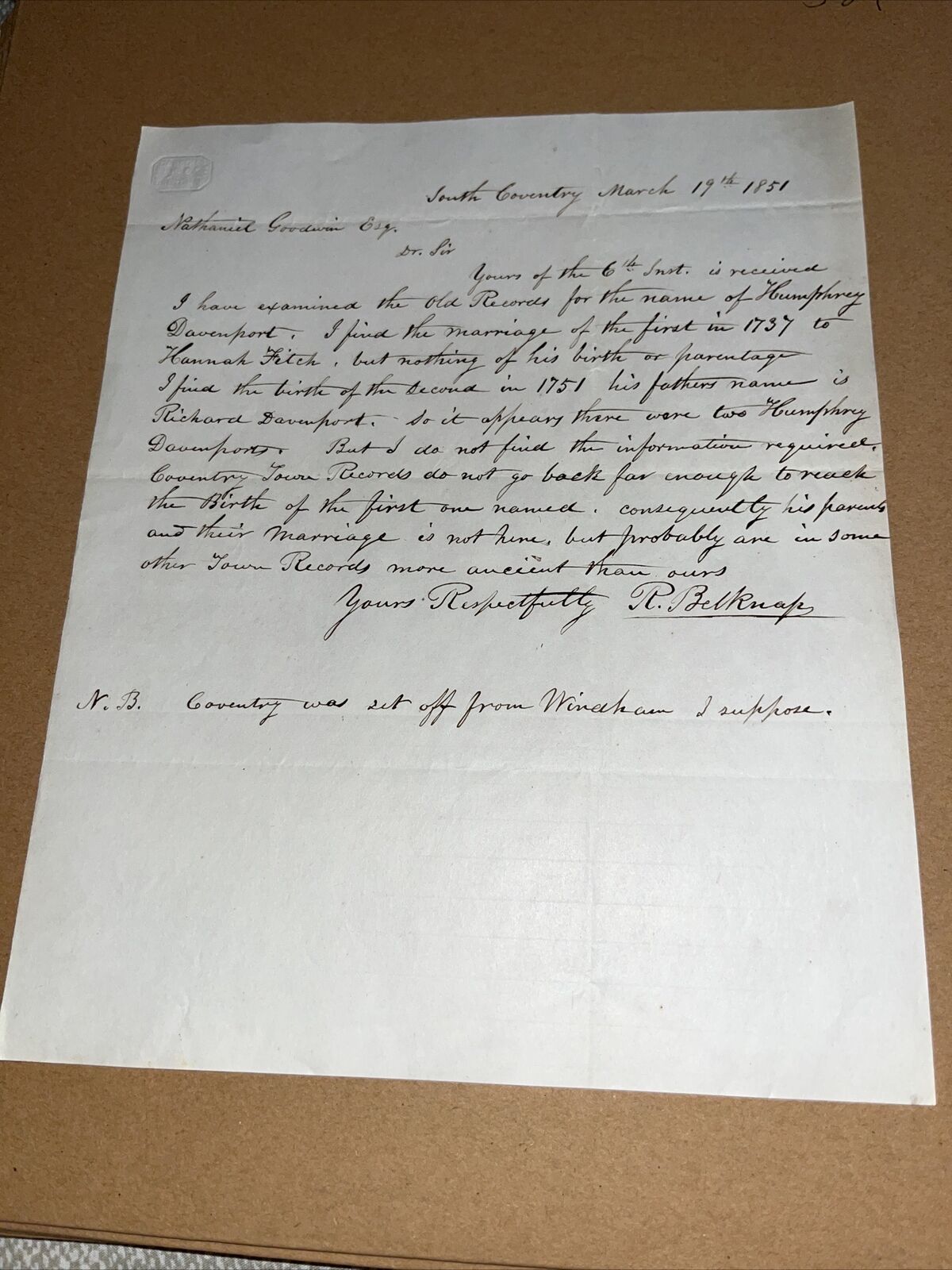 1851 Coventry Letter to Hartford CT Genealogist Humphrey Davenport Genealogy