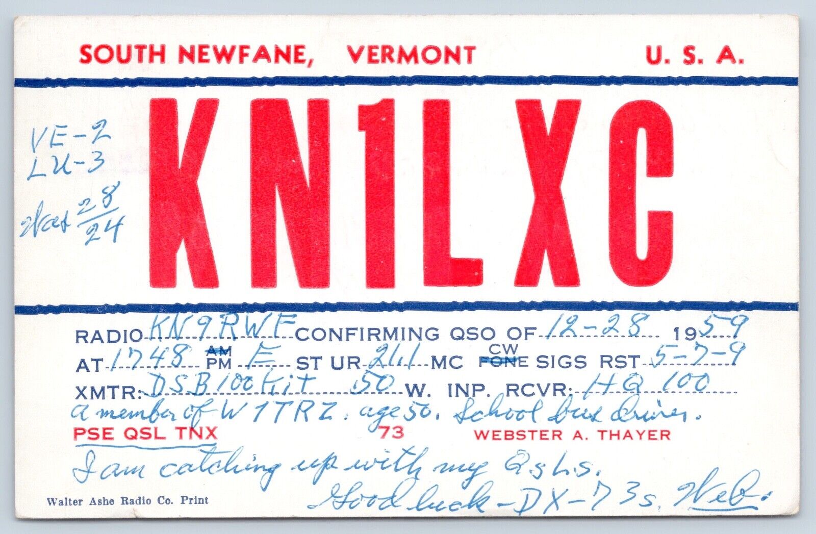 QSL CB Ham Radio Card KN1LXC Webster A Thayer South Newfane Vermont VT 1959