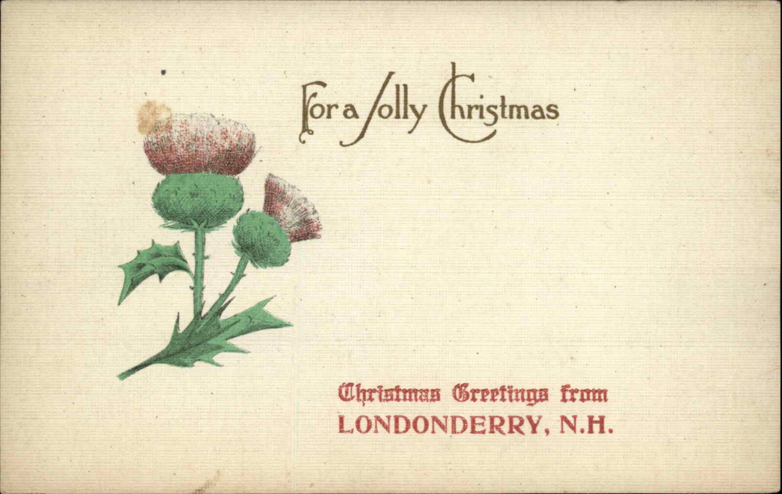 Londonderry New Hampshire NH Christmas Thistle Greetings c1910 Vintage Postcard