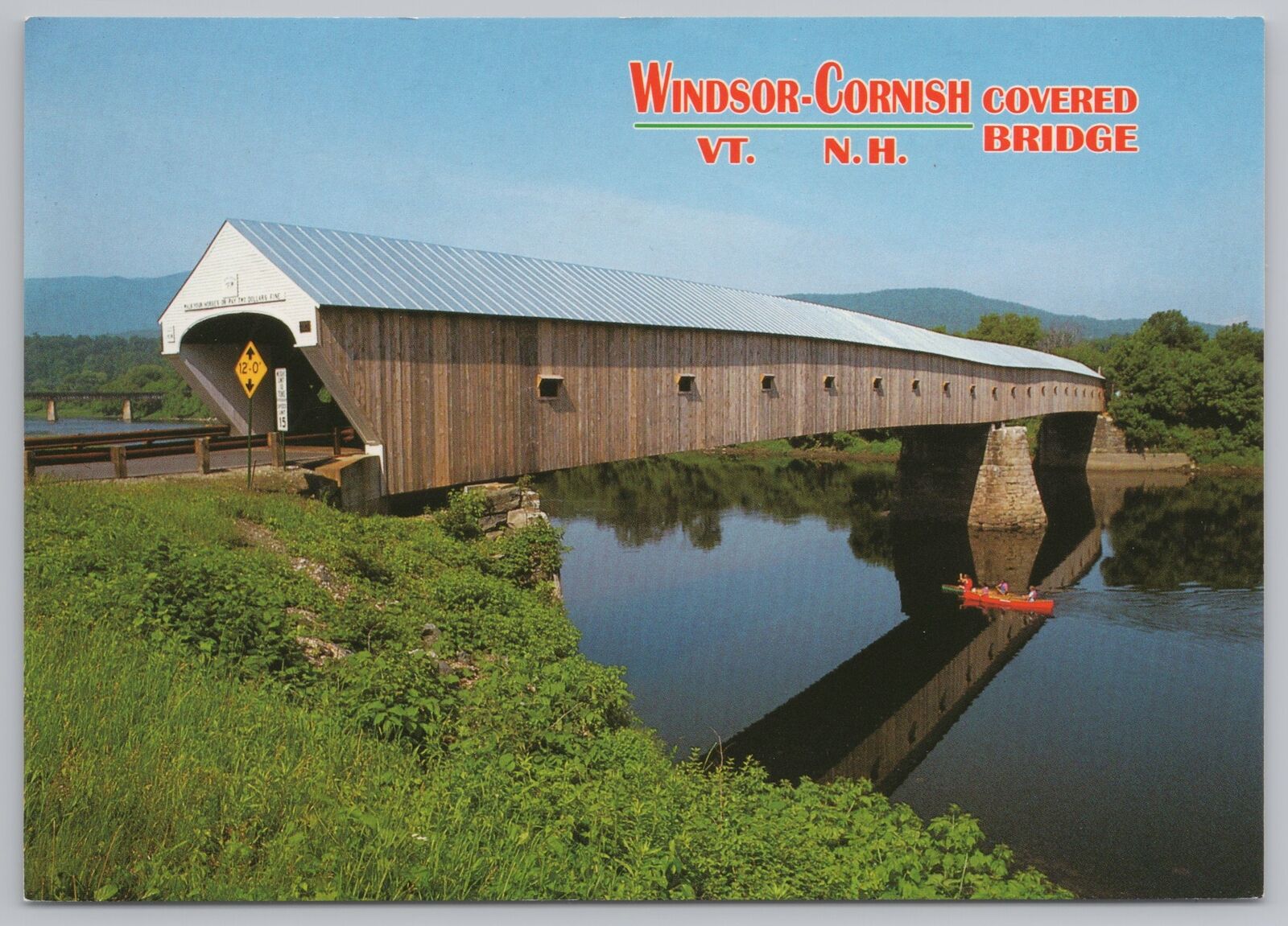 Windsor-Cornish Covered Bridge~VT/NH~Built 1866~Red Boat~Continental Postcard