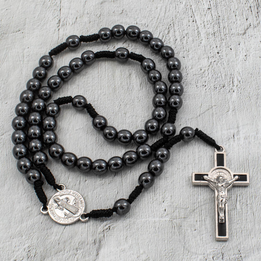 Saint St Benedict Medal Cord Rosary Black Hematite Beads Rosario San Benito 12