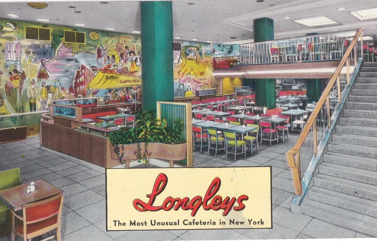 Longley's Cafeteria New York City Interior Mural Restaurant Postcard