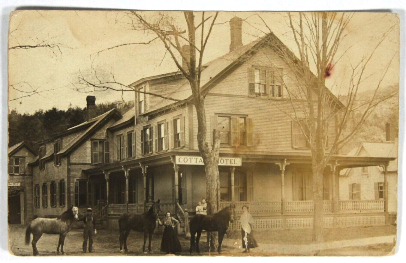 Proctorsville, VT. 1912 real photo postcard, Cottage Hotel, people with horses.