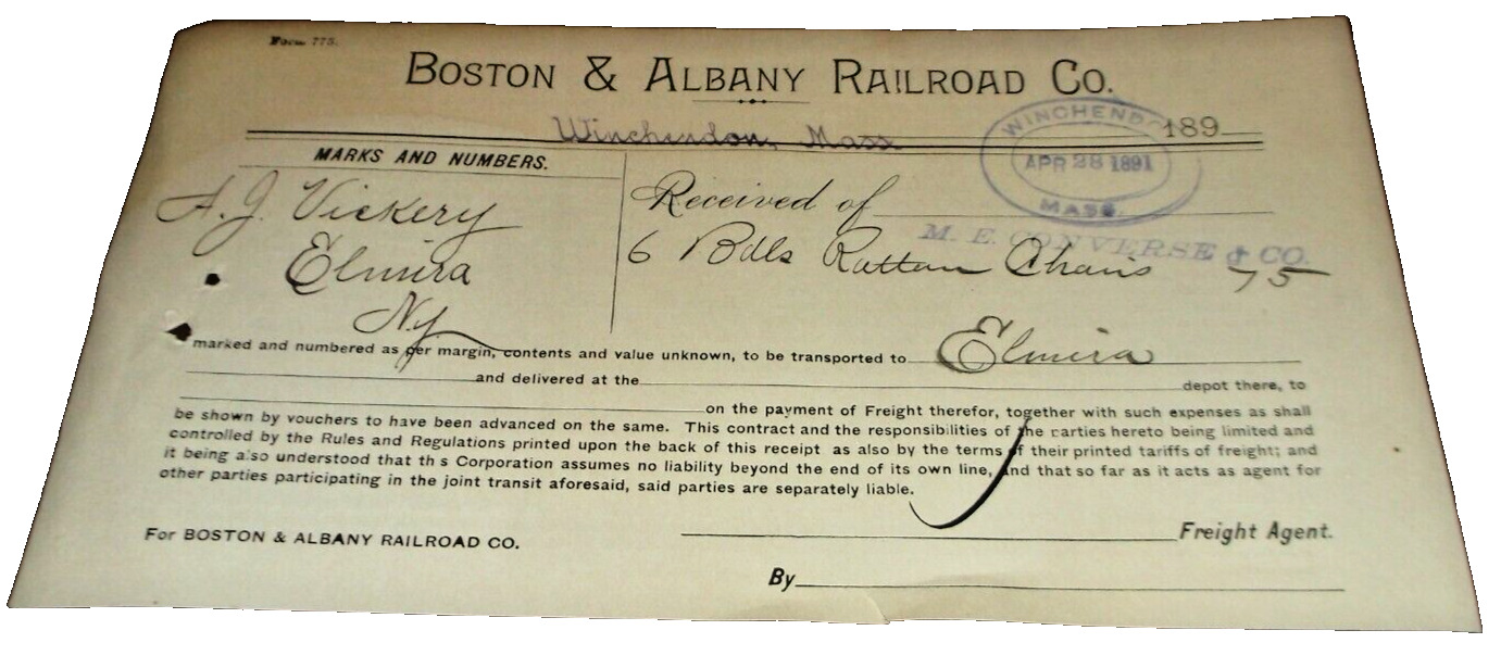 APRIL 1891 BOSTON & ALBANY RAILROAD FREIGHT RECEIPT WINCHENDON MASSACHUSSETTS
