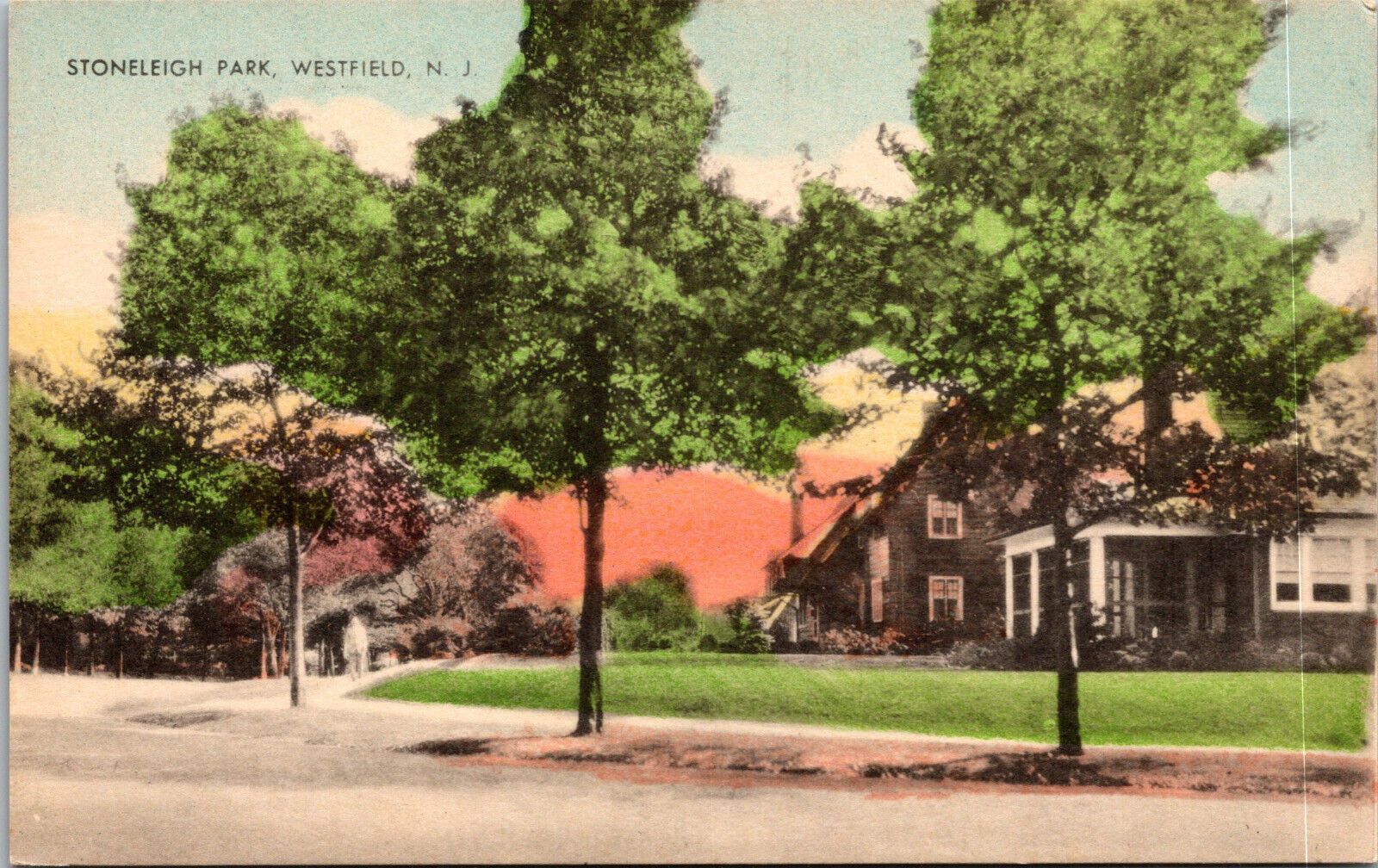 Vtg Westfield New Jersey NJ Stoneleigh Park Hand Colored 1930s Postcard