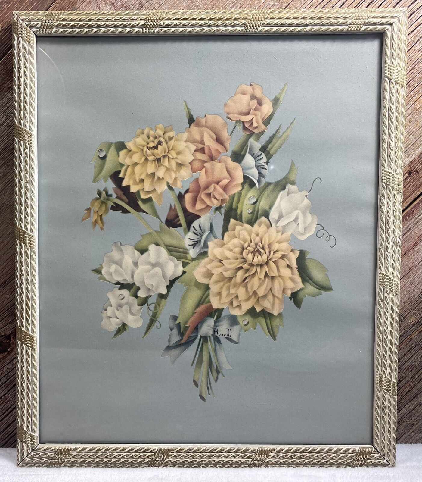 VTG Nautical Framing Averill Floral Picture Soft Blue Coral Yellow Green 11”x13”
