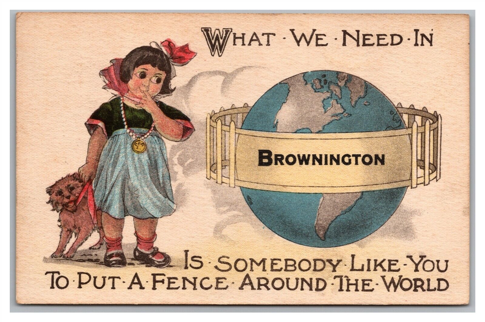 Postcard MO Brownington Missouri Girl & Dog Greetings Globe c1910s P22