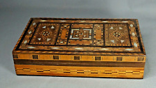 Antique Oak Wood Marquetry Tunbridge Mosaic Mother Pearl Wooden Box Hinged Lid picture