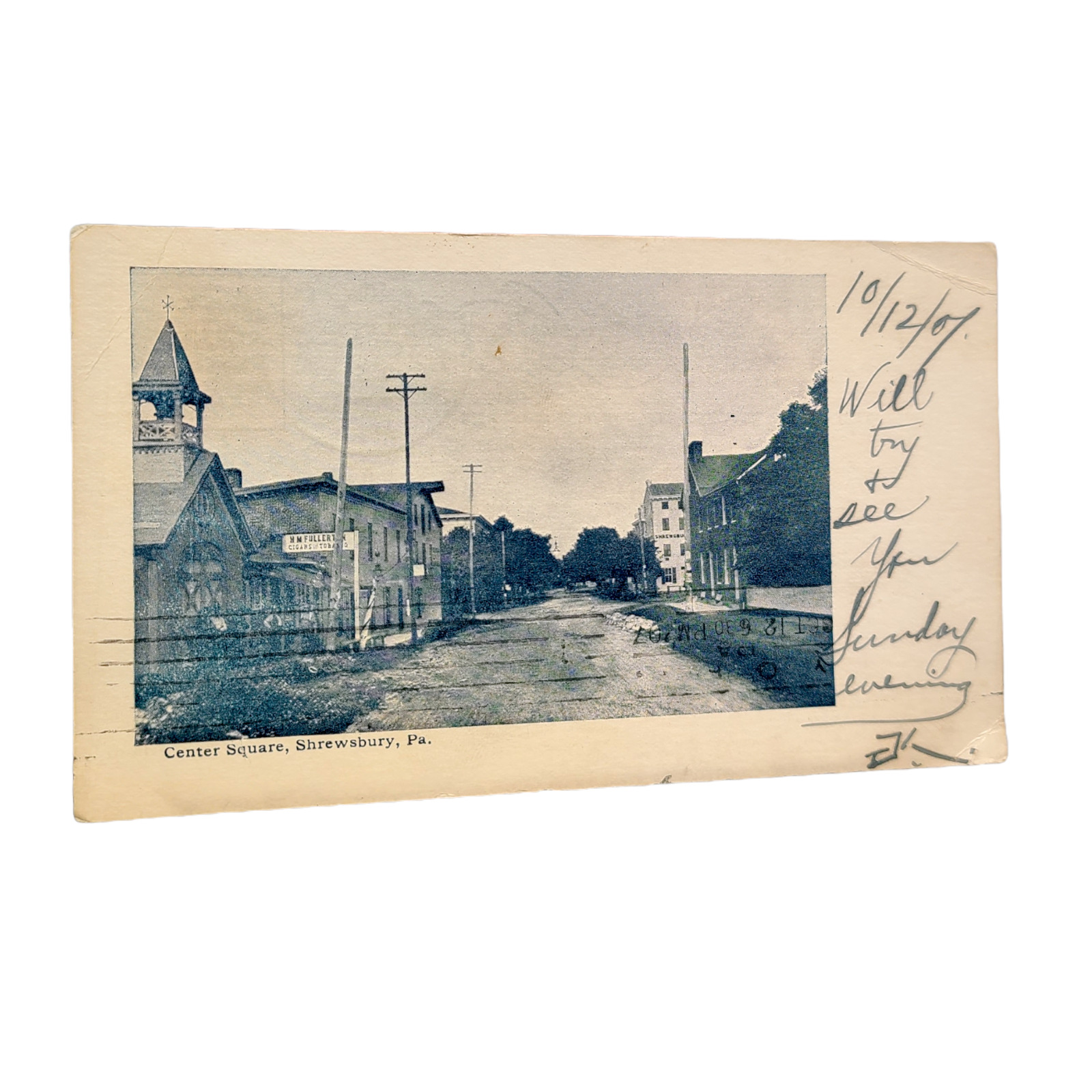 1907 Center Square Shrewsbury PA Postcard w/ Cigar Tobacco Store Vtg