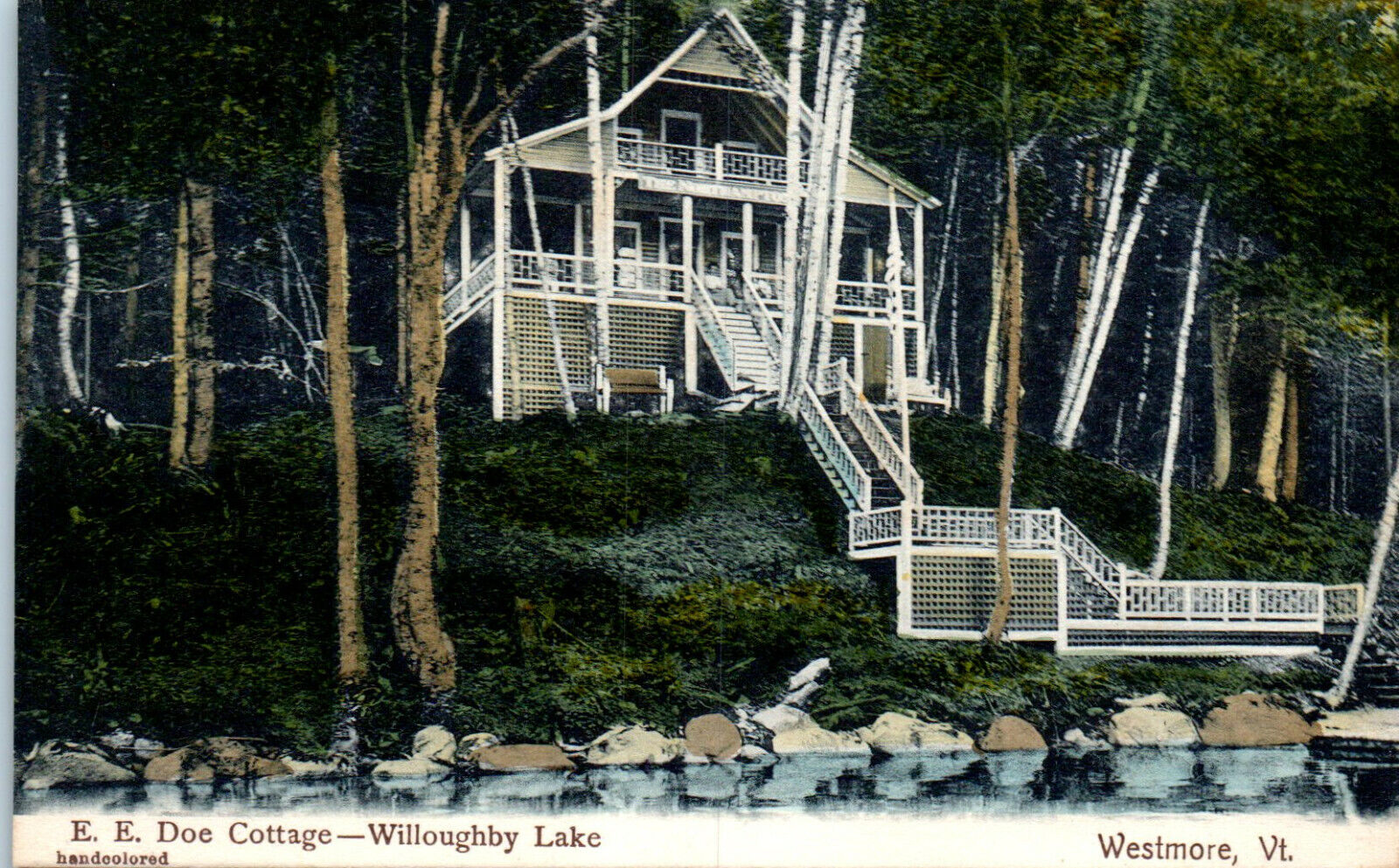 1910s E. E. Doe Cottage Willoughby Lake Westmore Vermont Handcolored Postcard