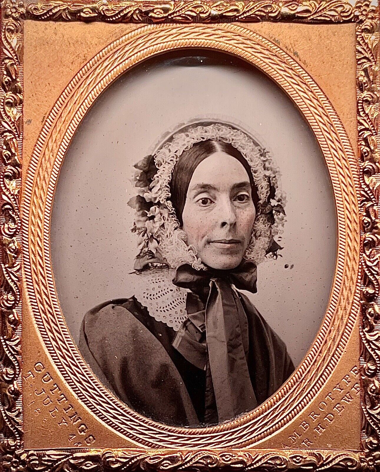 CASED 1/9 PLATE AMBROTYPE BY DEWEY PITTSFIELD, MASS - WOMAN IN HER ORNATE BONNET
