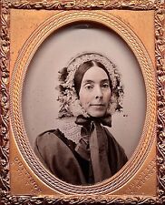 CASED 1/9 PLATE AMBROTYPE BY DEWEY PITTSFIELD, MASS - WOMAN IN HER ORNATE BONNET picture