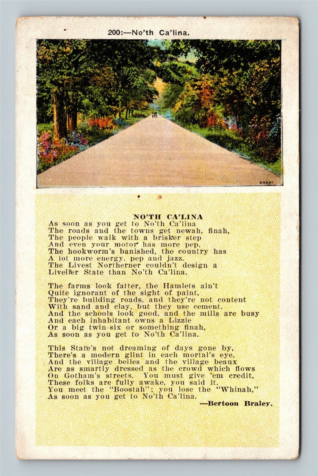 North Carolina Poem By Bertoon Braley, Vintage Postcard