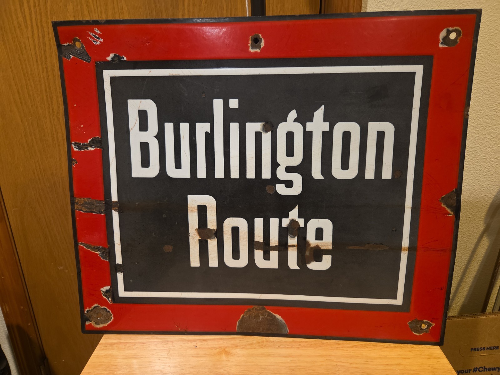 BURLINGTON ROUTE PORCELAIN TRAIN SIGN METAL RR 20 1/2 X 17 1/8 vintage history BURLINGTON ROUTE PORCELAIN TRAIN SIGN METAL RR 20 1/2 X 17 1/8 vintage history