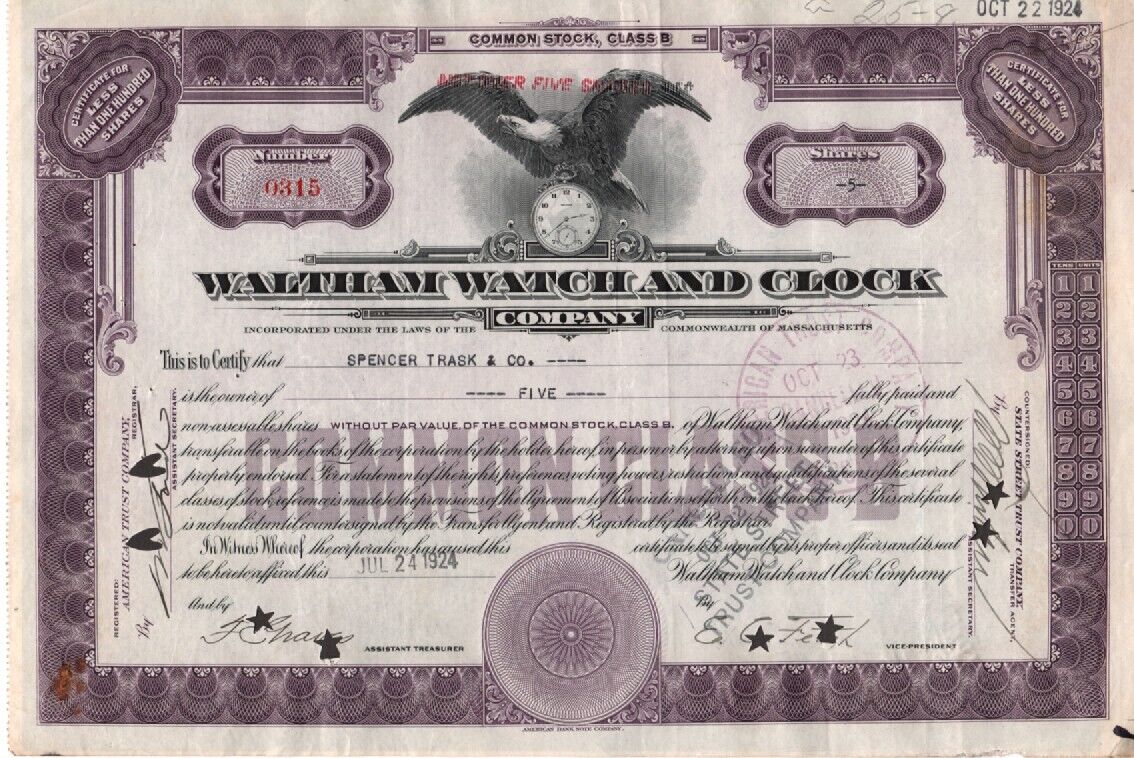 Waltham Watch and Clock Co. - Original Stock Certificate -1924 - #0315