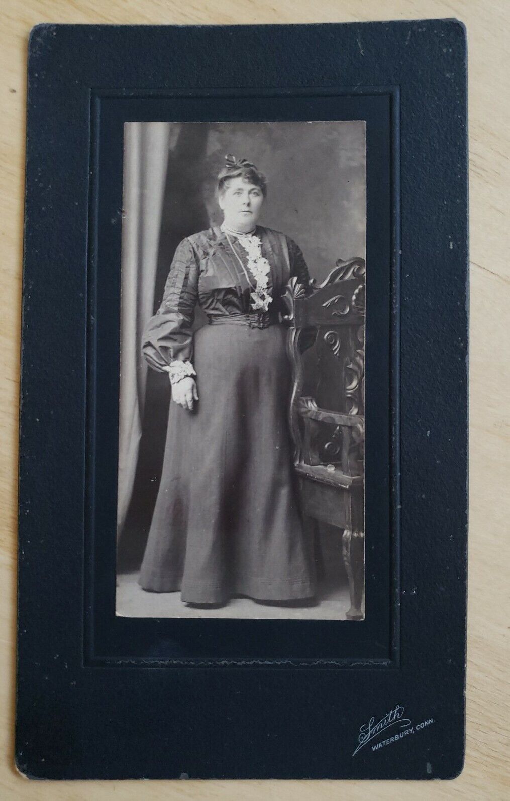 Waterbury, CT Cabinet Card large woman, full length dress w flower trim by Smith