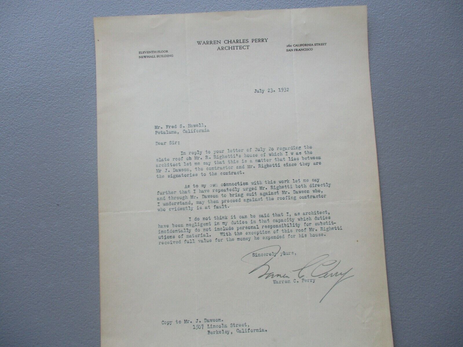 1932 Warren Charles Perry (Important San Francisco Architect) Signed letter