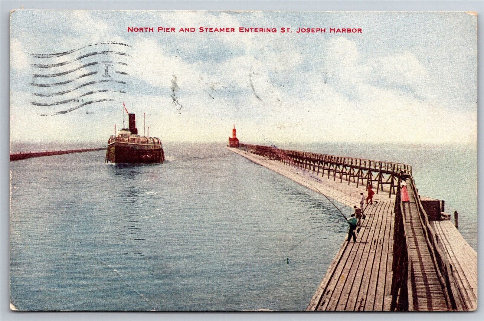 Passenger Steamer Entering St Joseph Harbor North Pier MI C1910 Postcard J14