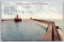 Passenger Steamer Entering St Joseph Harbor North Pier MI C1910 Postcard J14 picture