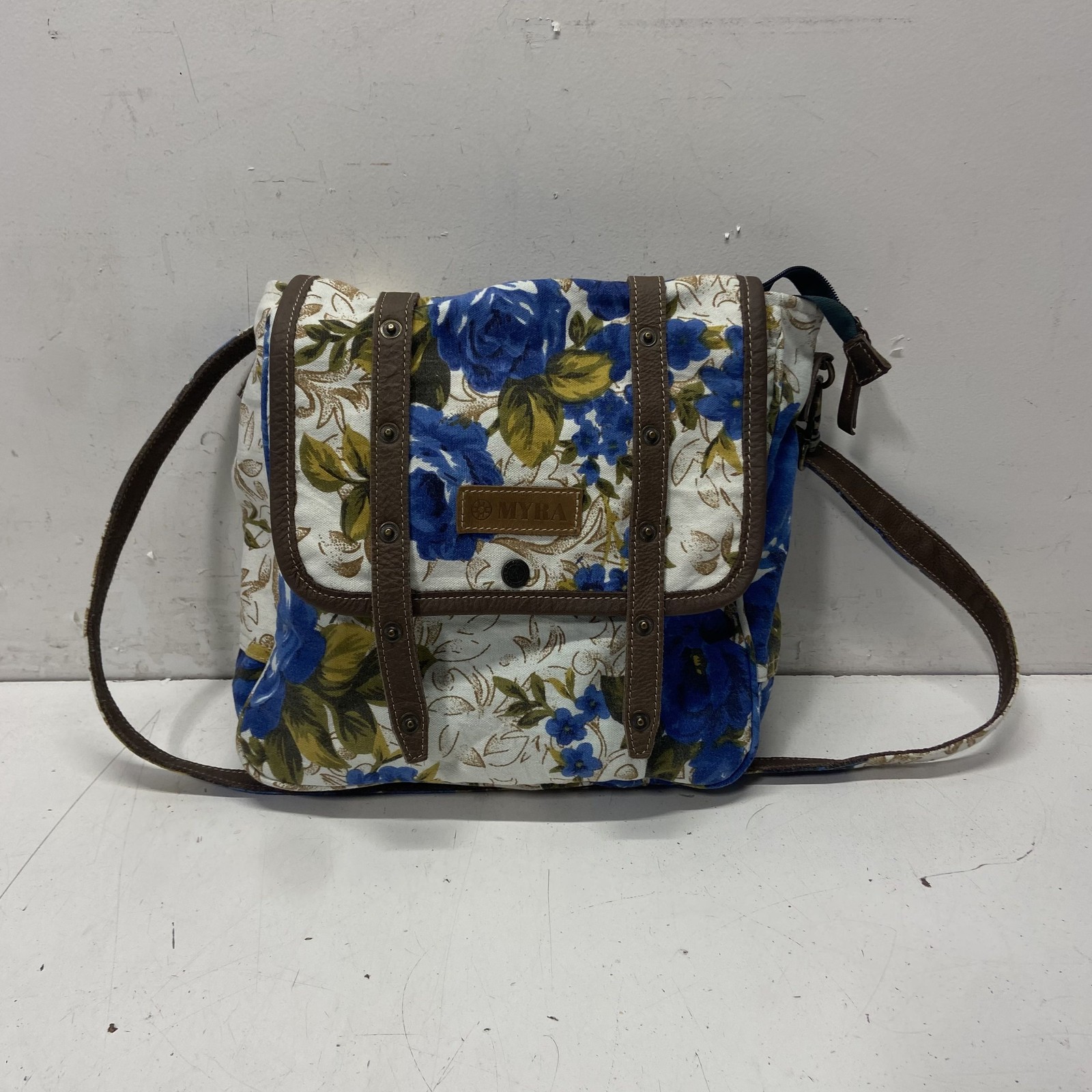 Myra Blue Floral Mesa Morning Glories Canvas Leather Messenger Crossbody Bag Myra Blue Floral Mesa Morning Glories Canvas Leather Messenger Crossbody Bag