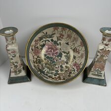 Vtg Ethan Allen Porcelain Bowl & Matching Candle Holders Chinese picture
