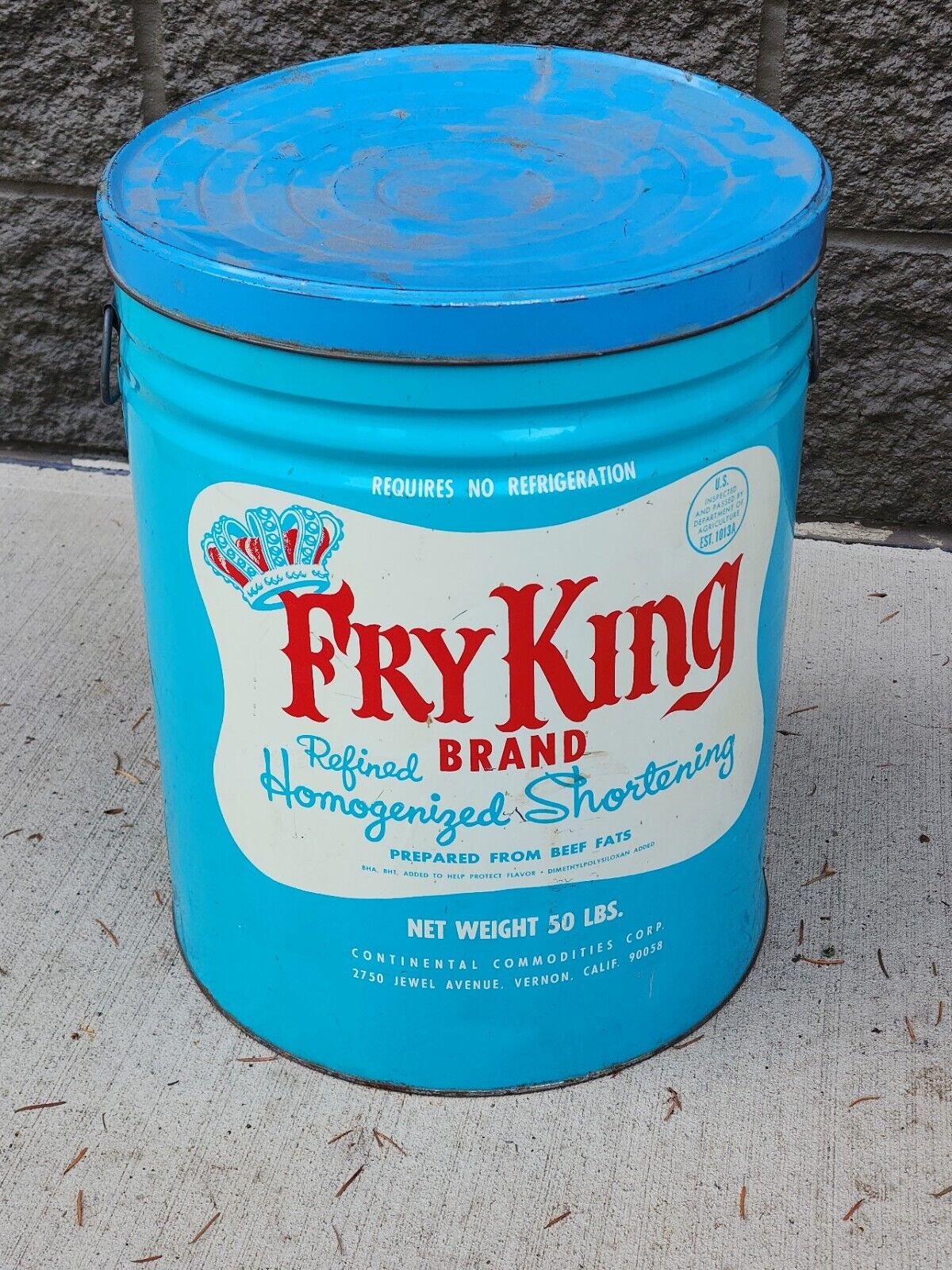 Fry King Refined Brand Homogenized Shortening Tallow 50 Gal Empty Tin Vernon CA